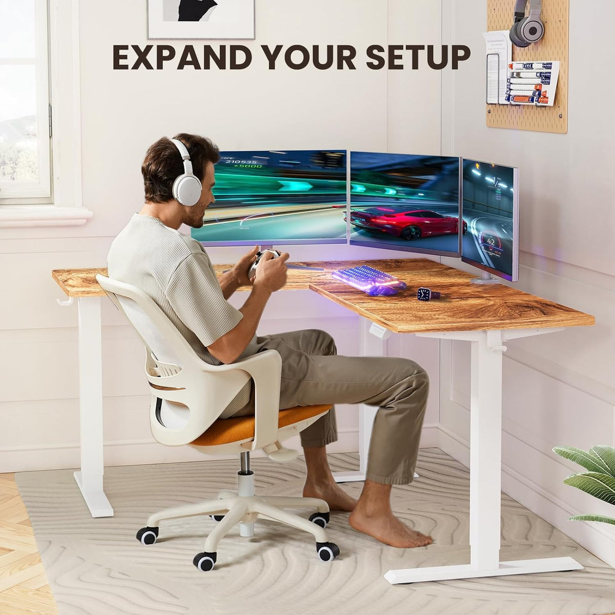 ErGear L Shaped Standing Desk, 63"x55" Electric Adjustable Height Sit Stand up Desk, Ergonomic Large Computer Table, Left & Right Interchangeable Installation, Suitable for Home Office, Light Vintage - 75" X 63"
