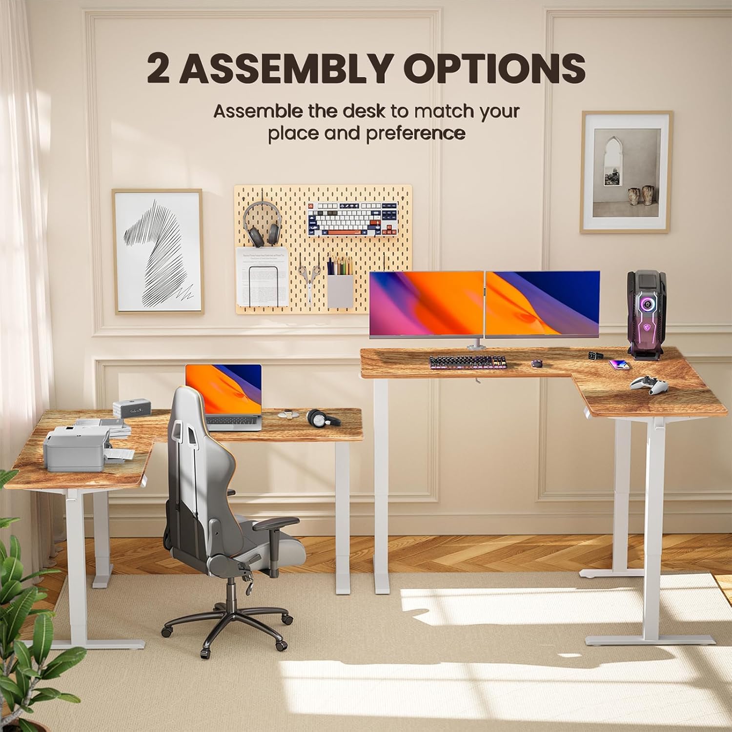 ErGear L Shaped Standing Desk, 63"x55" Electric Adjustable Height Sit Stand up Desk, Ergonomic Large Computer Table, Left & Right Interchangeable Installation, Suitable for Home Office, Light Vintage - 75" X 63"