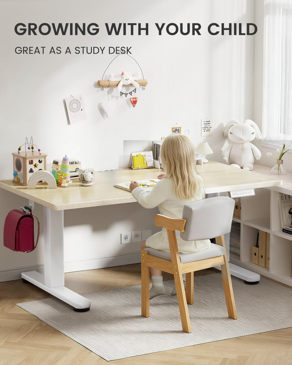 ErGear Low Height Adjustable Desk, Lifts 18.9-28.4 Inches, 35 X 20 Inches Electric Standing Desk for Kids, 4 Height Memory Settings & Storage Hooks, Home Office Computer Table & Study Desk, Natural -