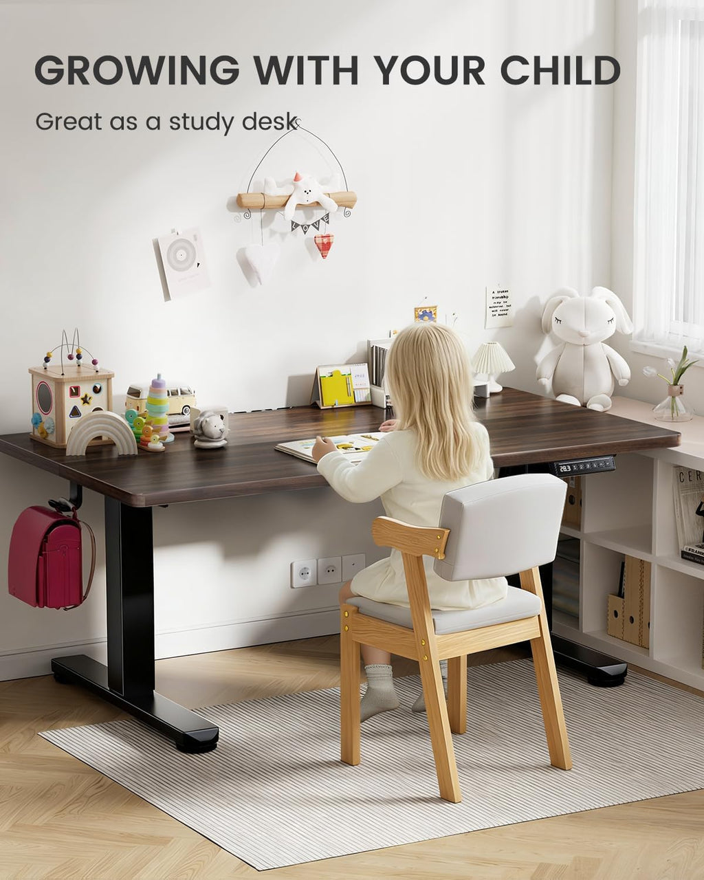 ErGear Low Height Adjustable Desk, Lifts 18.9-28.4 Inches, 35 X 20 Inches Electric Standing Desk for Kids, 4 Height Memory Settings & Storage Hooks, Home Office Computer Table & Study Desk, Walnut - 35 X 20 Inch