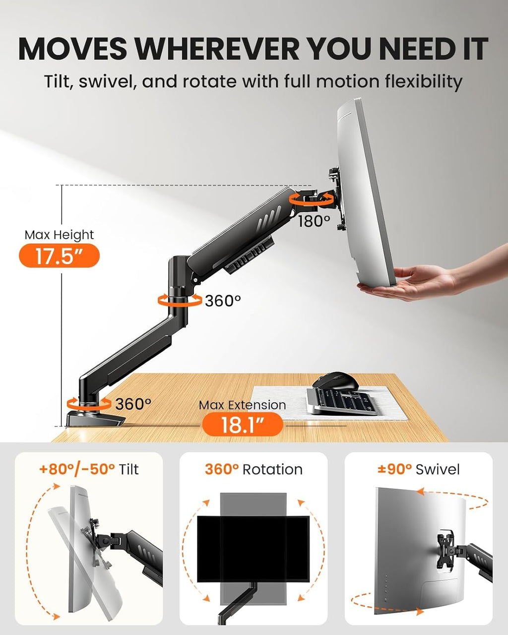 ErGear Single Monitor Arm, Adjustable Gaming Monitor Mount for 13–34 Inch Screens, Fast Install Computer Monitor Stand with Tool-Free VESA Mount, Cable Management, Holds 19.8 lbs, Max VESA 100x100mm -
