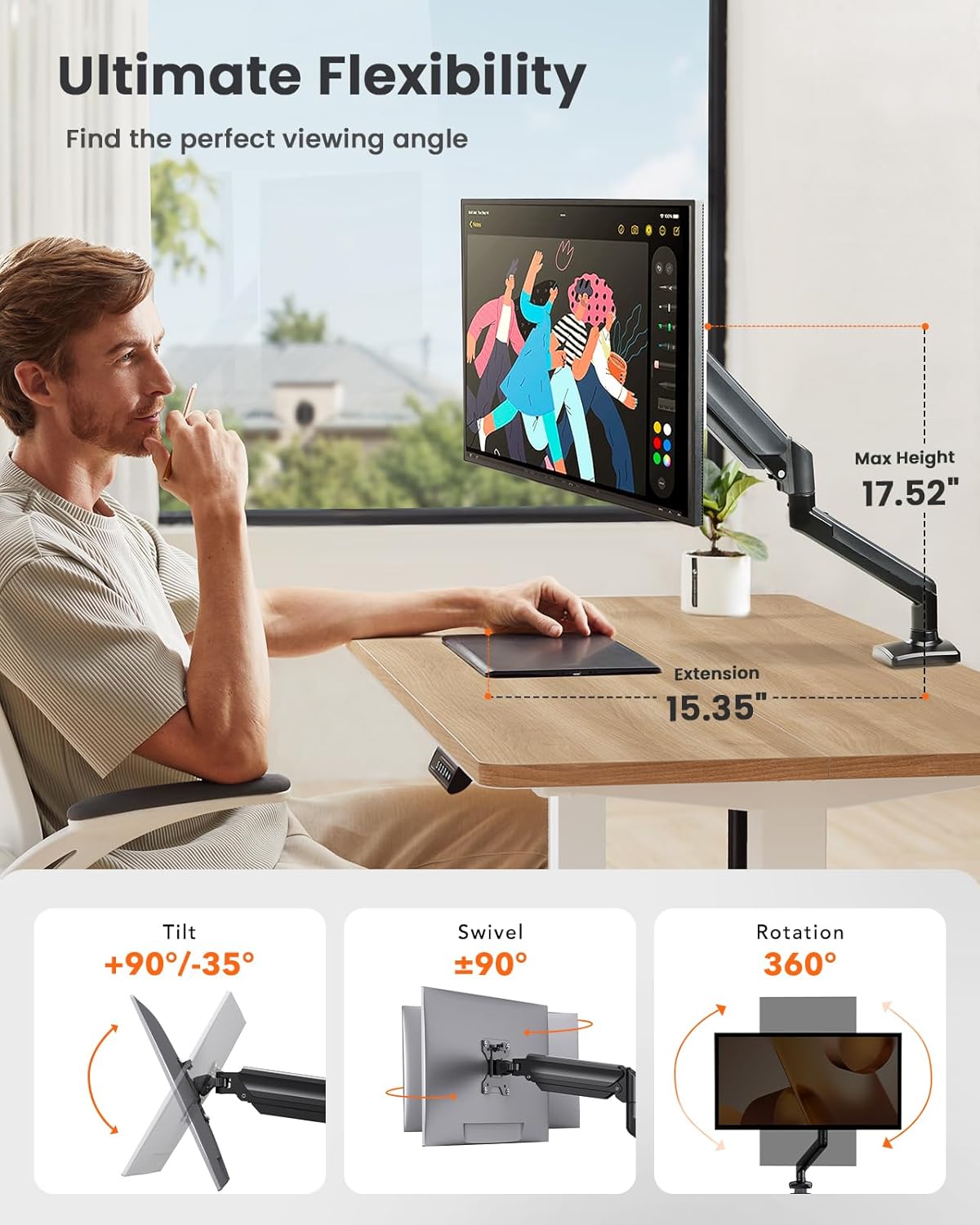 ErGear Single Monitor Arm for 13-36 Inch Screens, 22 lbs Capacity | Full-motion adjustment, C-clamp or grommet mounting, cable clips, 22 lbs support, ultrawide setup, VESA 75x75/100x100mm - 13"-36"