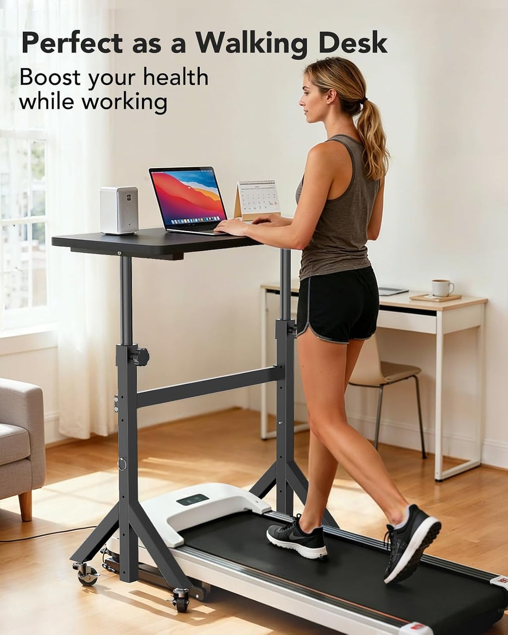 ErGear Small Standing Desk Adjustable Height, 6 Height Settings Up to 46.5″, Walking Pad Desk with Triangular Leg Design, Smooth Mobility with Lockable Wheels, Standing Desk for Walking Pad, Black - Black