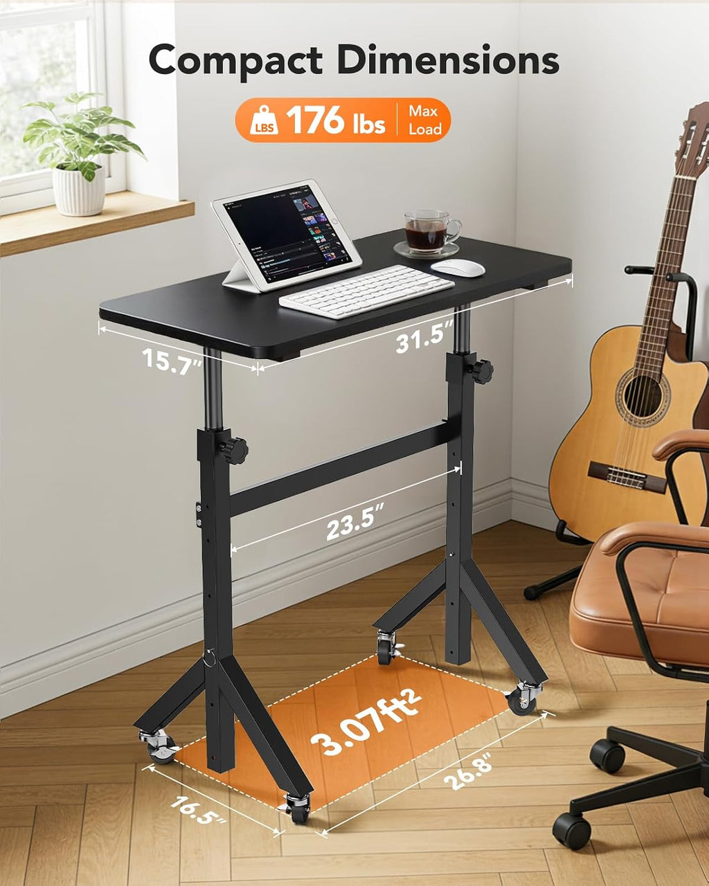 ErGear Small Standing Desk Adjustable Height, 6 Height Settings Up to 46.5″, Walking Pad Desk with Triangular Leg Design, Smooth Mobility with Lockable Wheels, Standing Desk for Walking Pad, Black - Black