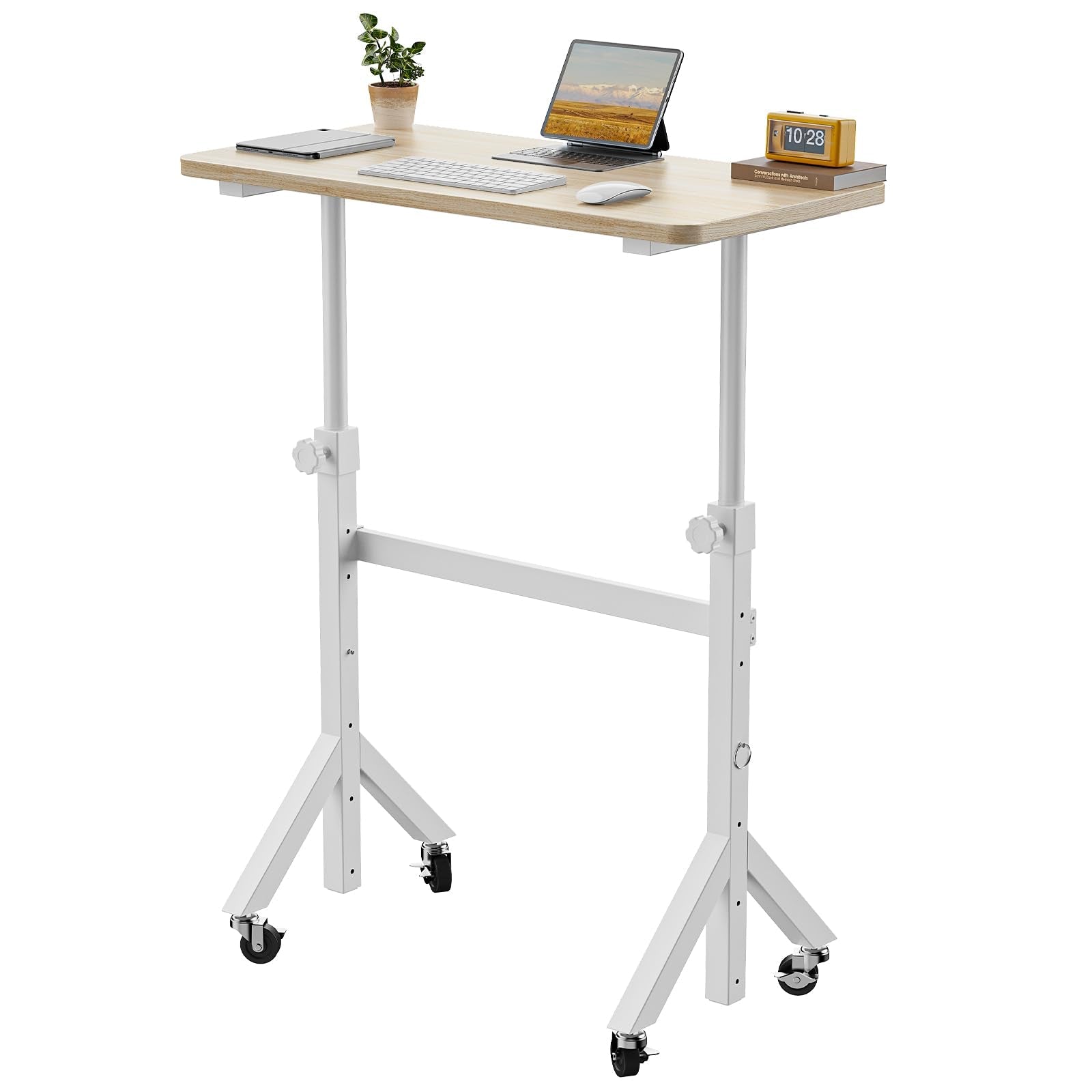 ErGear Small Standing Desk Adjustable Height, 6 Height Settings Up to 46.5″, Walking Pad Desk with Triangular Leg Design, Smooth Mobility with Lockable Wheels, Standing Desk for Walking Pad, Black - Light Vintage