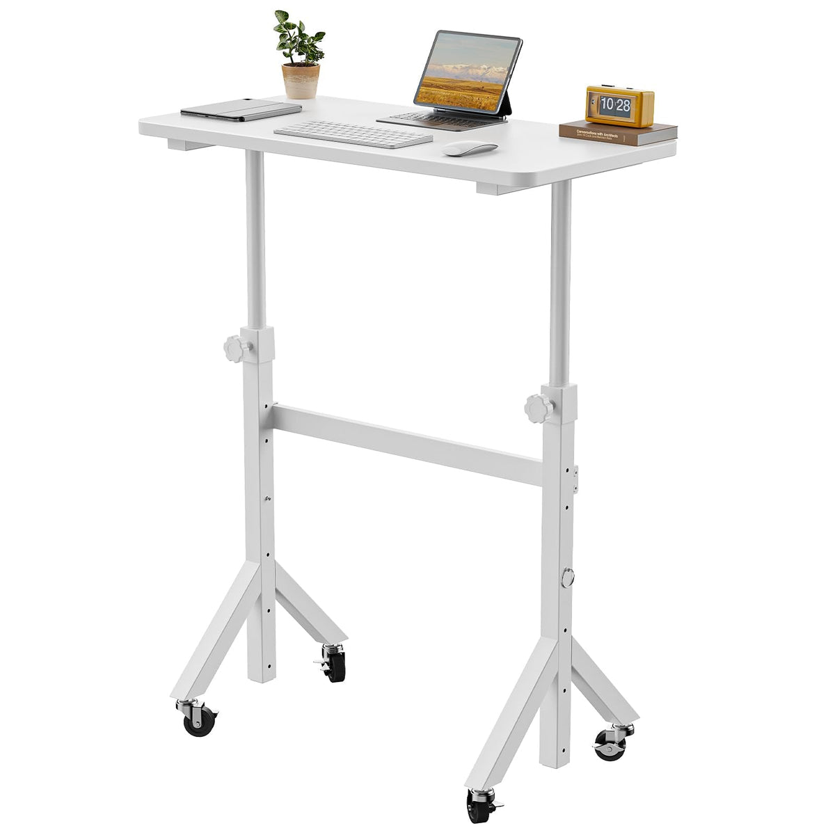 ErGear Small Standing Desk Adjustable Height, 6 Height Settings Up to 46.5″, Walking Pad Desk with Triangular Leg Design, Smooth Mobility with Lockable Wheels, Standing Desk for Walking Pad, Black - White