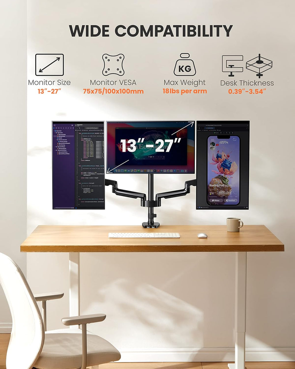 ErGear Triple Monitor Mount for 13 - 27 inch Screens, Triple Monitor Arms with USB, Heavy Duty Three Monitors Stand with Tilt, Swivel, Rotation, Holds Up to 17.6 lbs Each Arm - 