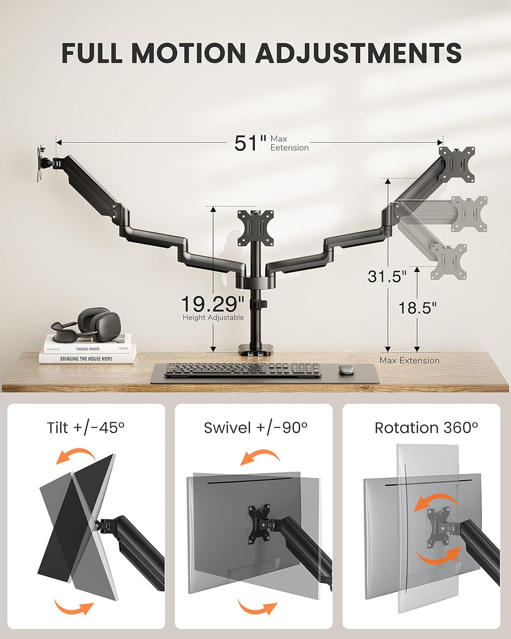 ErGear Triple Monitor Mount for 13 - 27 inch Screens, Triple Monitor Arms with USB, Heavy Duty Three Monitors Stand with Tilt, Swivel, Rotation, Holds Up to 17.6 lbs Each Arm - 