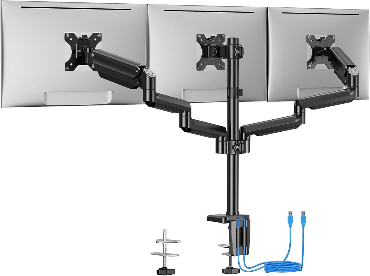 ErGear Triple Monitor Mount for 13 - 27 inch Screens, Triple Monitor Arms with USB, Heavy Duty Three Monitors Stand with Tilt, Swivel, Rotation, Holds Up to 17.6 lbs Each Arm - 