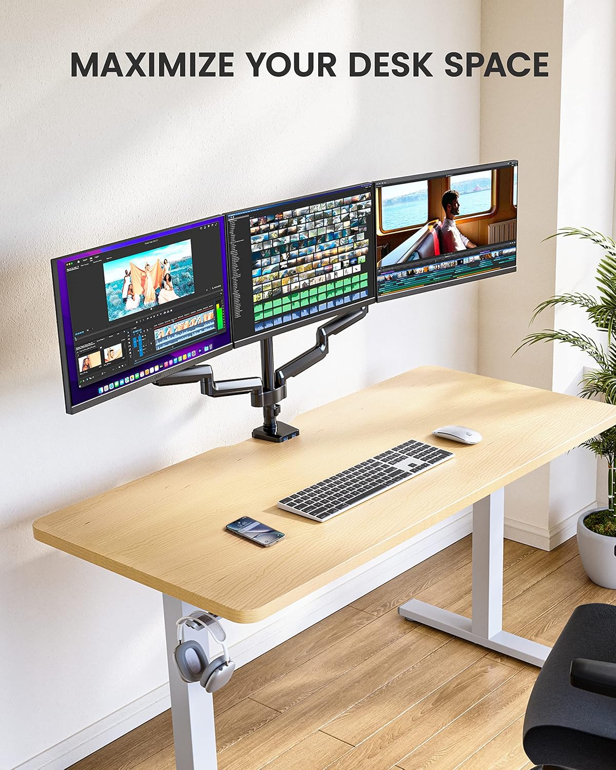 ErGear Triple Monitor Mount for 13 - 27 inch Screens, Triple Monitor Arms with USB, Heavy Duty Three Monitors Stand with Tilt, Swivel, Rotation, Holds Up to 17.6 lbs Each Arm - 
