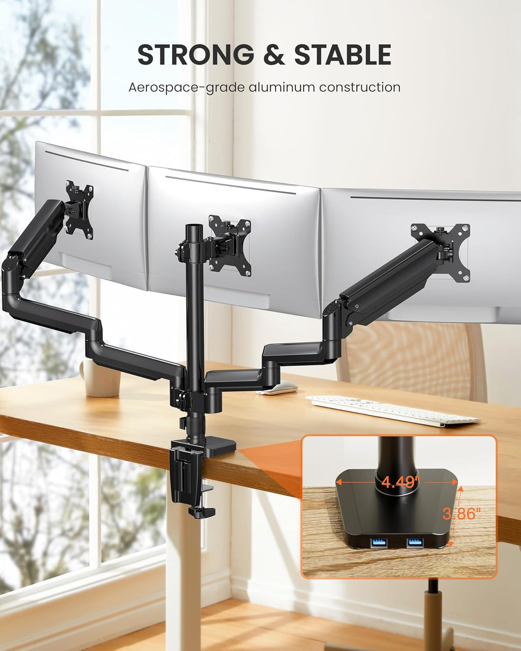 ErGear Triple Monitor Mount for 13 - 27 inch Screens, Triple Monitor Arms with USB, Heavy Duty Three Monitors Stand with Tilt, Swivel, Rotation, Holds Up to 17.6 lbs Each Arm - 