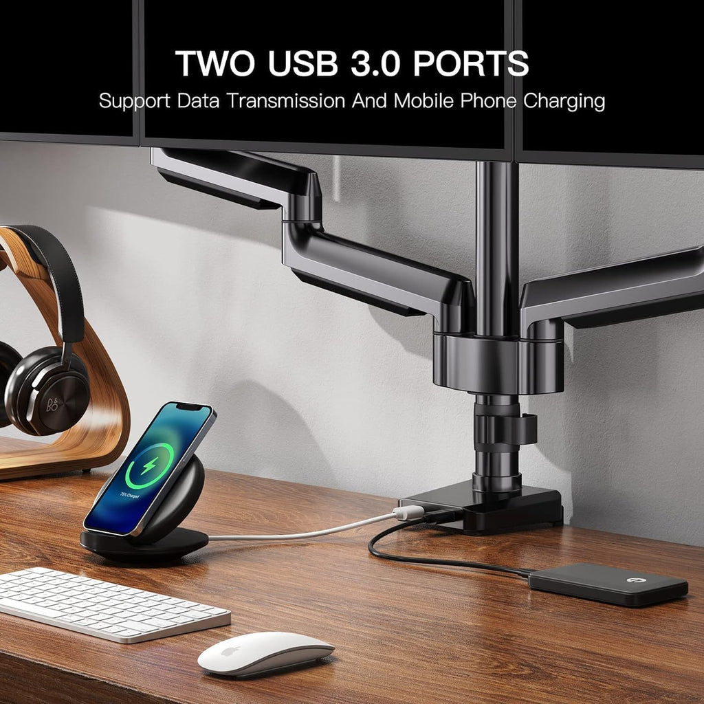 ErGear Triple Monitor Mount for 13 - 27 inch Screens, Triple Monitor Arms with USB, Heavy Duty Three Monitors Stand with Tilt, Swivel, Rotation, Holds Up to 17.6 lbs Each Arm - 