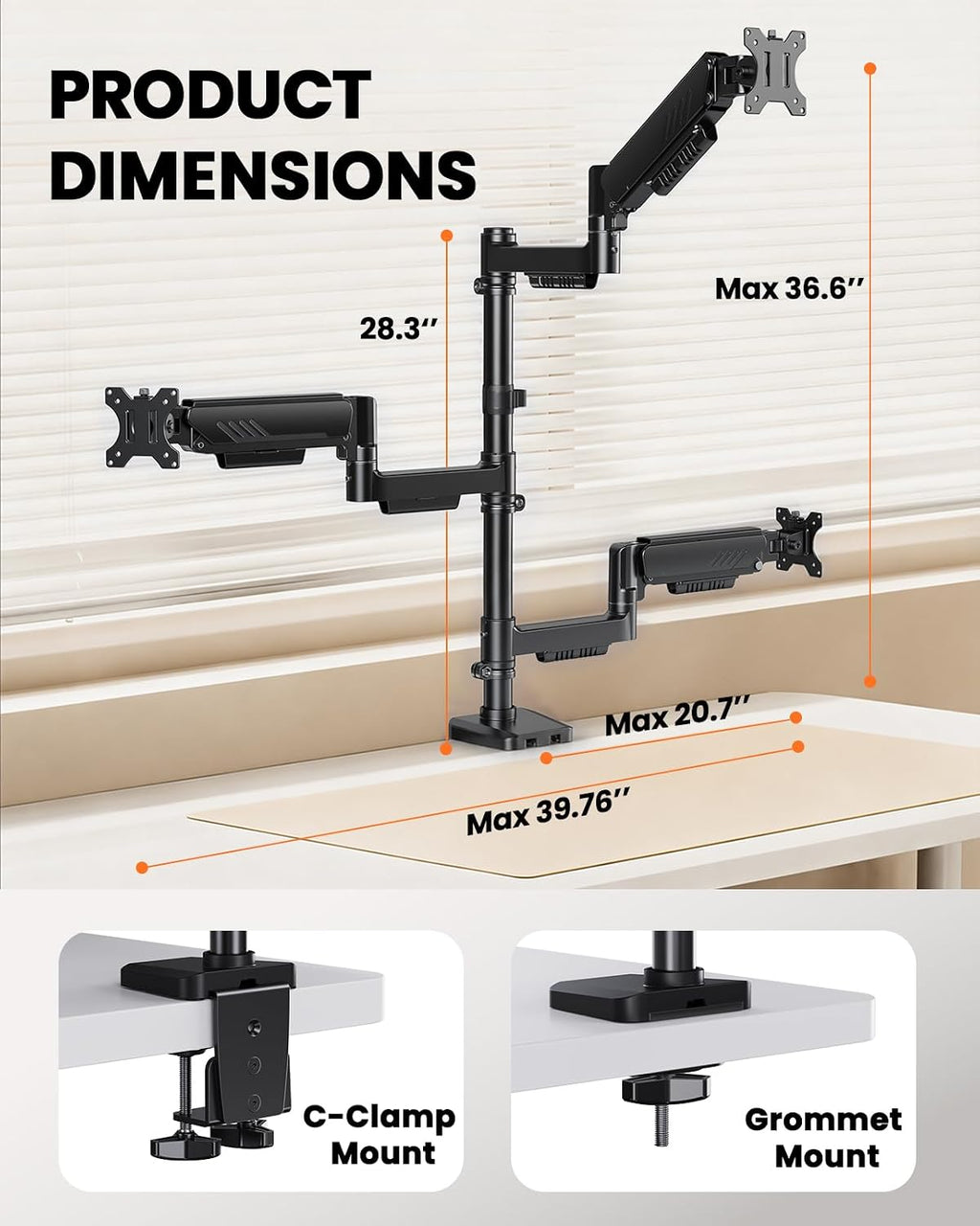 ErGear Triple Monitor Mount for 13-32 Inch Screens, 19.8 lbs per Arm | Dual C-Clamp Stability, Full-Motion Monitor Arms, Tilt, Swivel, Rotation, One-Hand Adjustment, Space-Saving, 2 Setup Options -