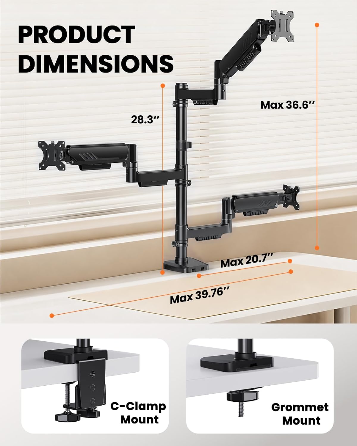ErGear Triple Monitor Mount for 13-32 Inch Screens, 19.8 lbs per Arm | Dual C-Clamp Stability, Full-Motion Monitor Arms, Tilt, Swivel, Rotation, One-Hand Adjustment, Space-Saving, 2 Setup Options -