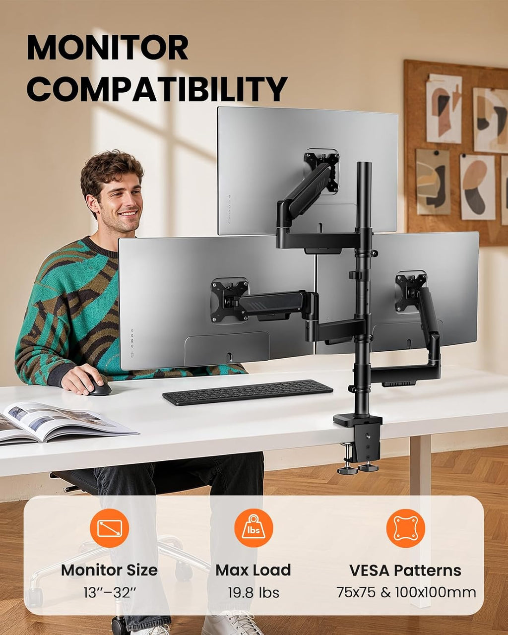 ErGear Triple Monitor Mount for 13-32 Inch Screens, 19.8 lbs per Arm | Dual C-Clamp Stability, Full-Motion Monitor Arms, Tilt, Swivel, Rotation, One-Hand Adjustment, Space-Saving, 2 Setup Options -
