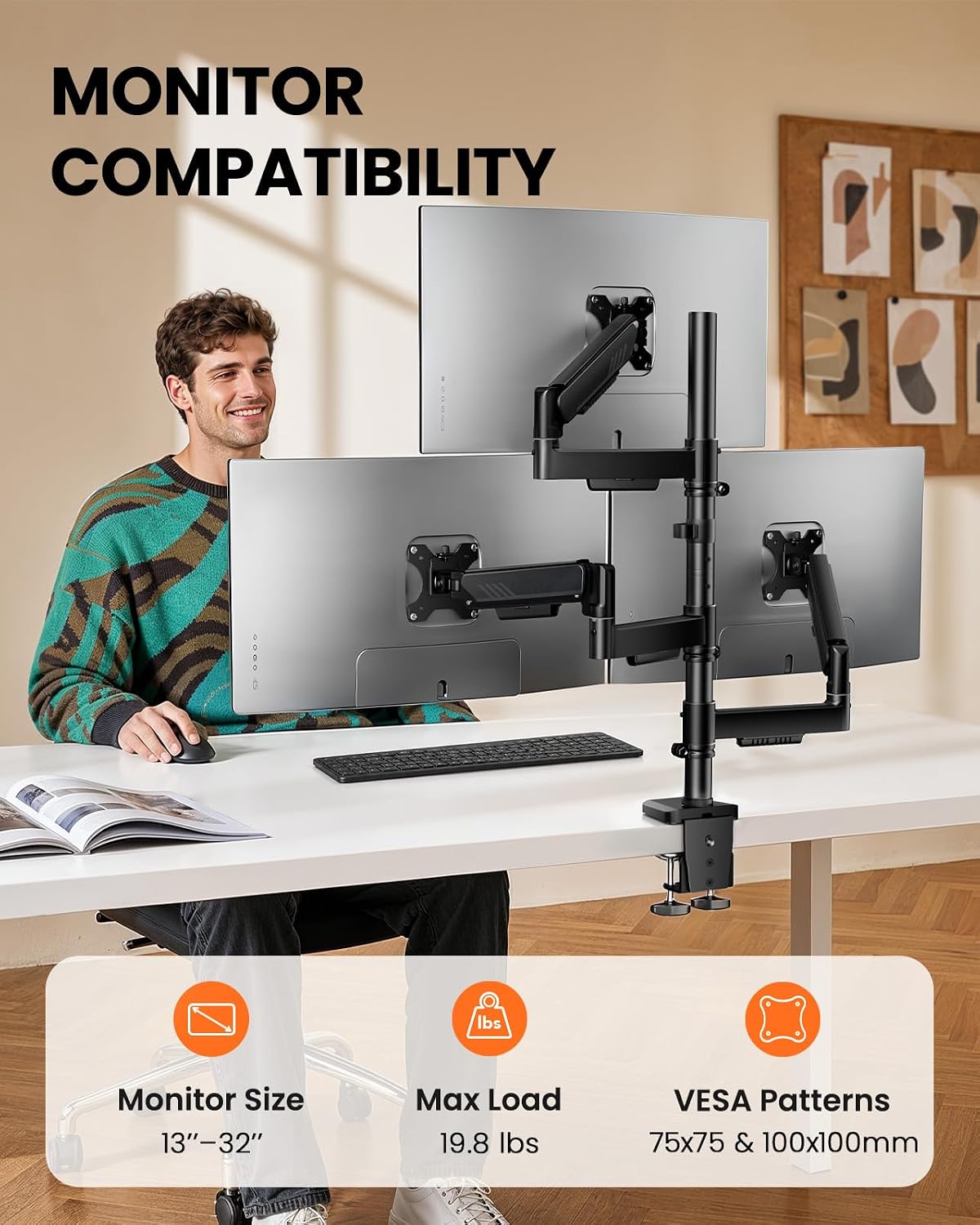 ErGear Triple Monitor Mount for 13-32 Inch Screens, 19.8 lbs per Arm | Dual C-Clamp Stability, Full-Motion Monitor Arms, Tilt, Swivel, Rotation, One-Hand Adjustment, Space-Saving, 2 Setup Options -