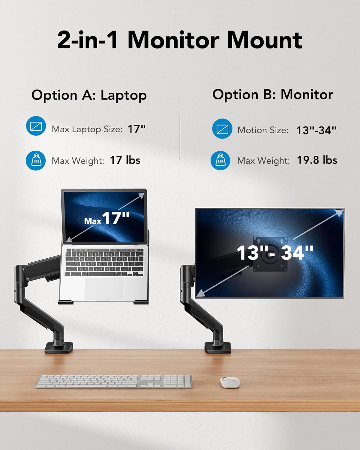HUANUO 2 in 1 Function Laptop Mount with Tray, Fits 13-34″ Monitors & Up to 17″ Notebook, Ergonomic Laptop Arm with Full Motion Adjustment, Laptop Stand for Desk, VESA 75x75mm/100x100mm -