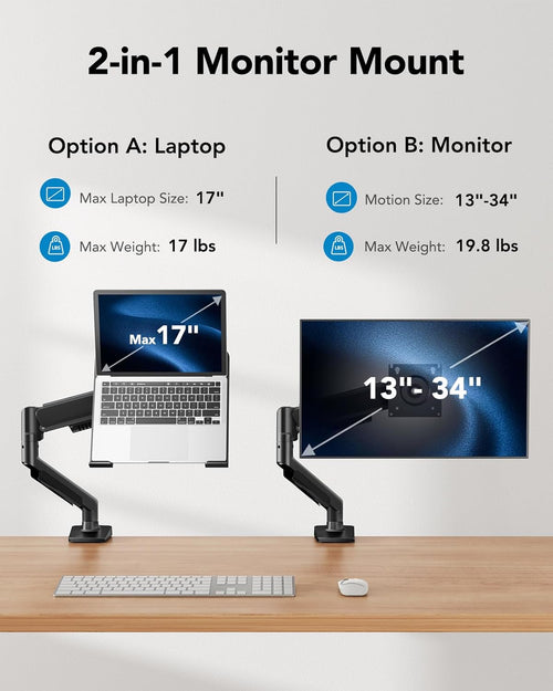 HUANUO 2 in 1 Function Laptop Mount with Tray, Fits 13-34″ Monitors & Up to 17″ Notebook, Ergonomic Laptop Arm with Full Motion Adjustment, Laptop Stand for Desk, VESA 75x75mm/100x100mm -