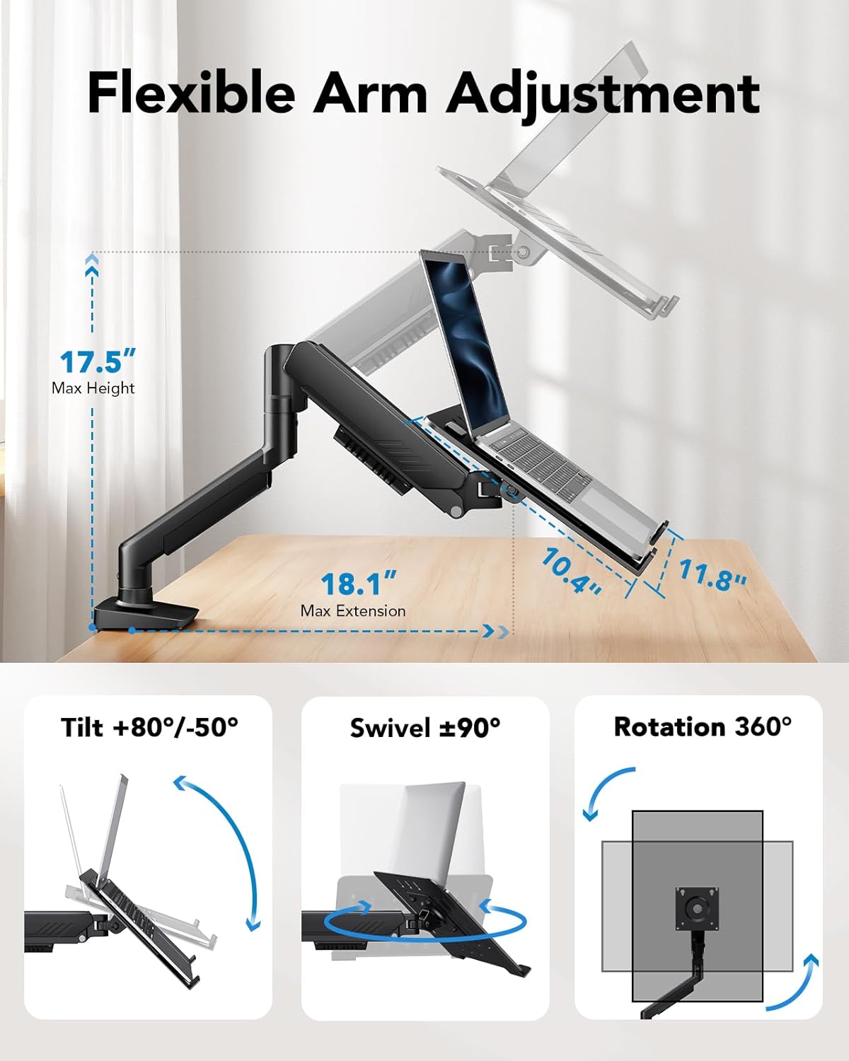 HUANUO 2 in 1 Function Laptop Mount with Tray, Fits 13-34″ Monitors & Up to 17″ Notebook, Ergonomic Laptop Arm with Full Motion Adjustment, Laptop Stand for Desk, VESA 75x75mm/100x100mm -