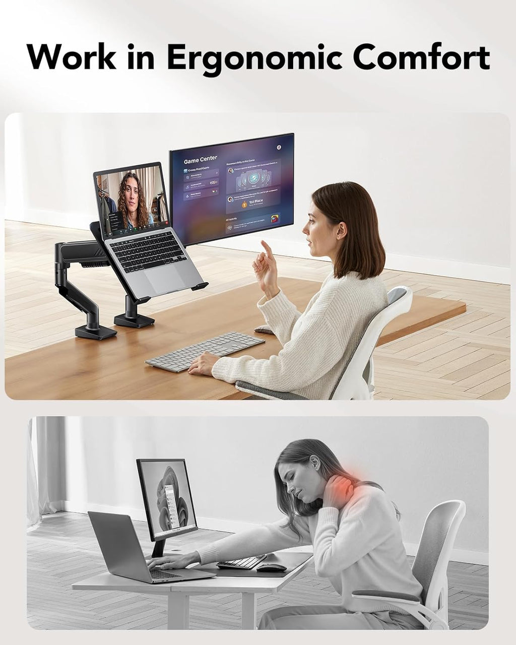 HUANUO 2 in 1 Function Laptop Mount with Tray, Fits 13-34″ Monitors & Up to 17″ Notebook, Ergonomic Laptop Arm with Full Motion Adjustment, Laptop Stand for Desk, VESA 75x75mm/100x100mm -
