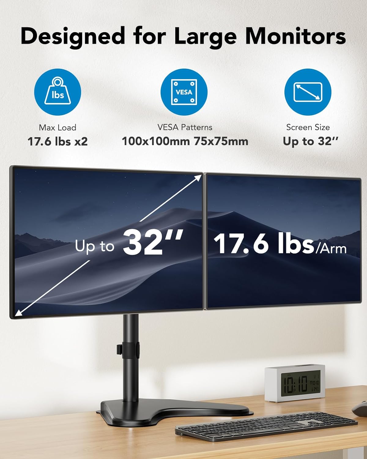 HUANUO 32 inches Dual Monitor Stand up to 17.6lbs per Arm, High-Grade Aluminum Free Standing Dual Monitors Mount for 2 Screens. Fully Adjustable Dual Monitor Stand for Desk with Tilt, Swivel, Rotation - Black