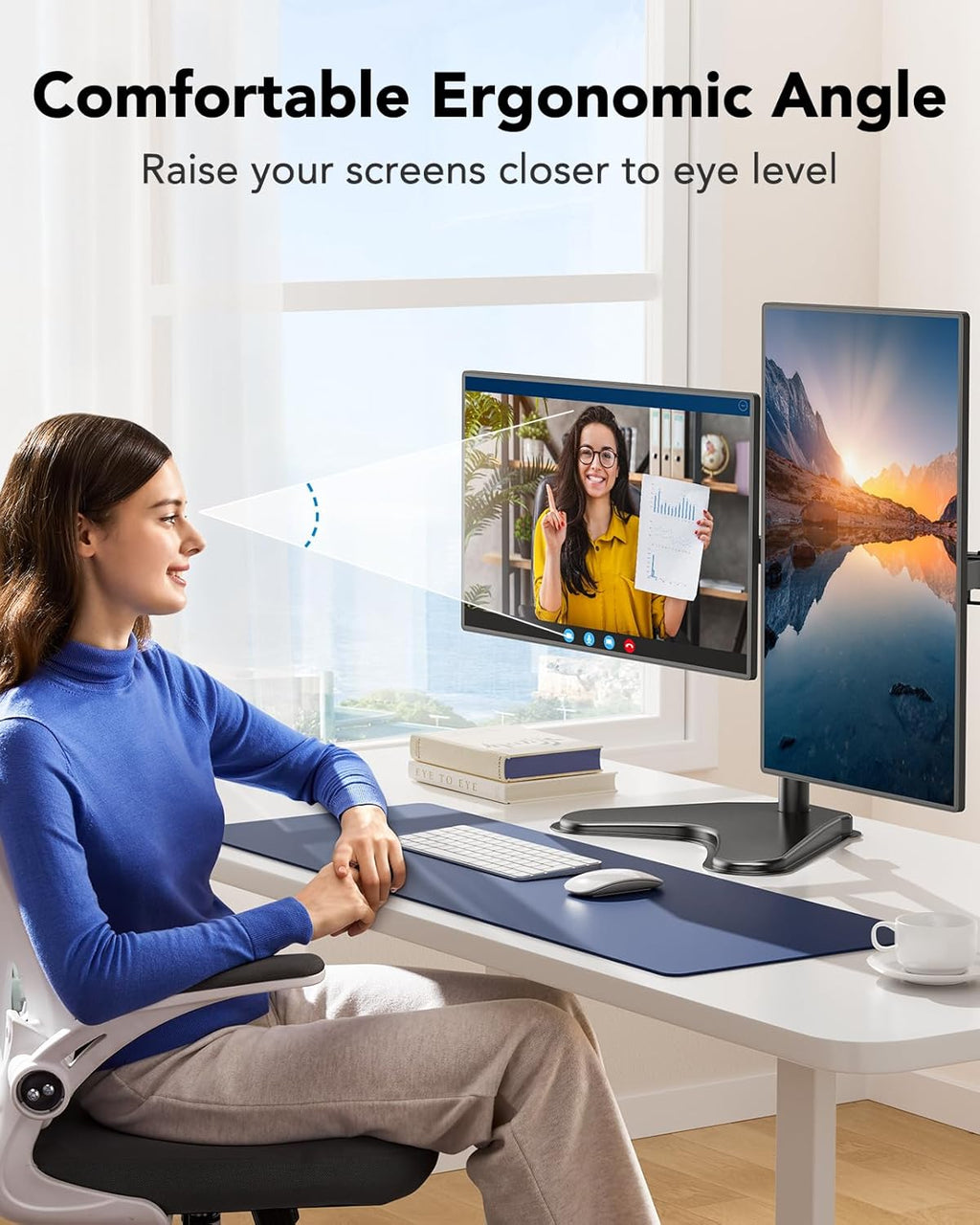 HUANUO 32 inches Dual Monitor Stand up to 17.6lbs per Arm, High-Grade Aluminum Free Standing Dual Monitors Mount for 2 Screens. Fully Adjustable Dual Monitor Stand for Desk with Tilt, Swivel, Rotation - Black