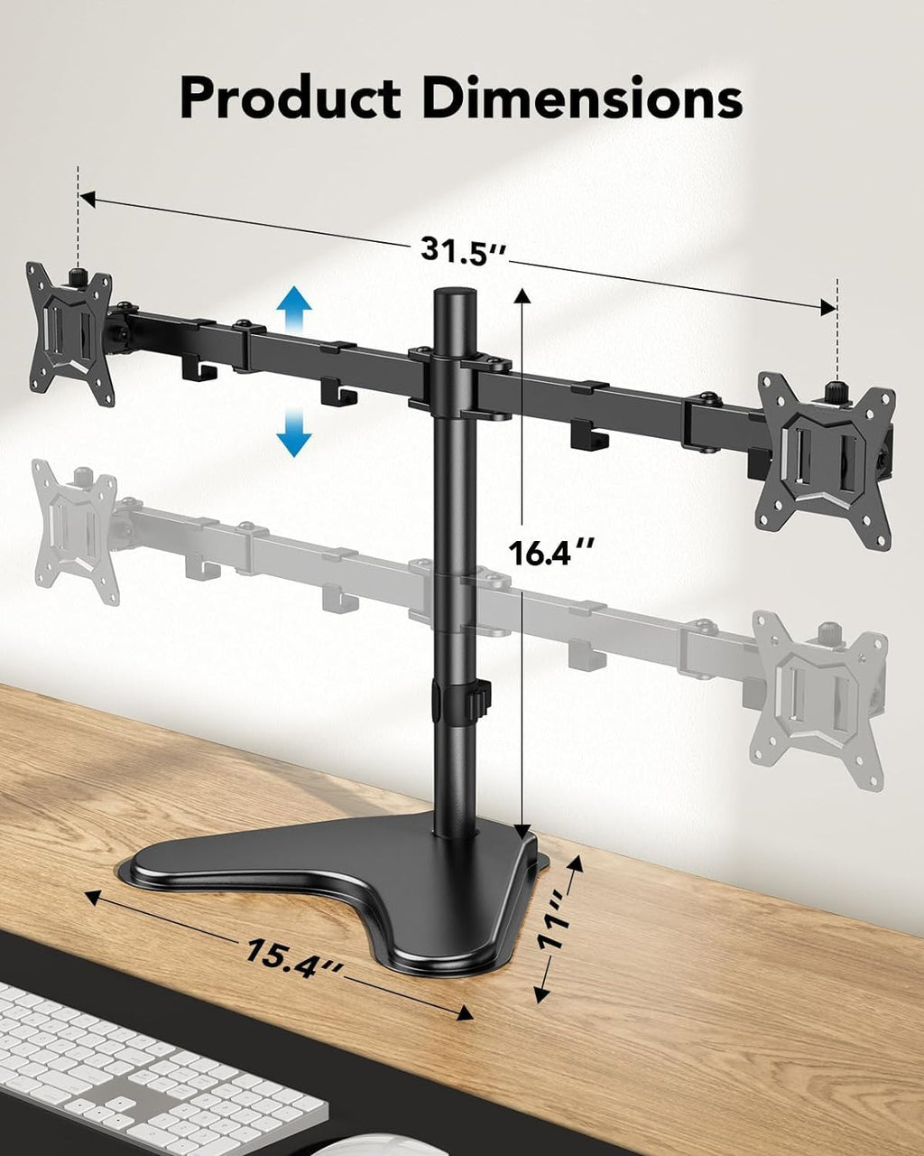 HUANUO 32 inches Dual Monitor Stand up to 17.6lbs per Arm, High-Grade Aluminum Free Standing Dual Monitors Mount for 2 Screens. Fully Adjustable Dual Monitor Stand for Desk with Tilt, Swivel, Rotation - Black