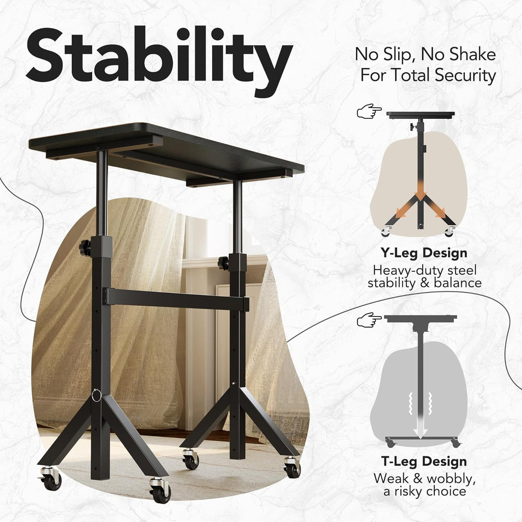 HUANUO 32'' Small Standing Desk Adjustable Heigh, Mobile Stand Up Desk with Wheels, Portable Rolling Desks for Walking Pad and Treadmill, Computer Laptop Desks for Home Office Space,Black - White