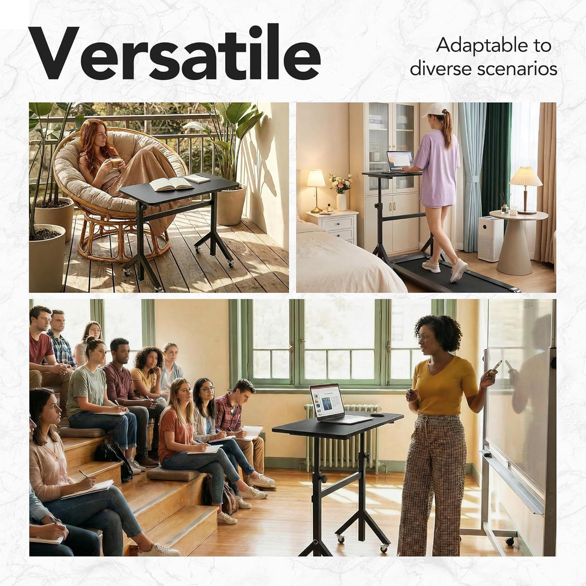 HUANUO 32'' Small Standing Desk Adjustable Heigh, Mobile Stand Up Desk with Wheels, Portable Rolling Desks for Walking Pad and Treadmill, Computer Laptop Desks for Home Office Space,Black - White
