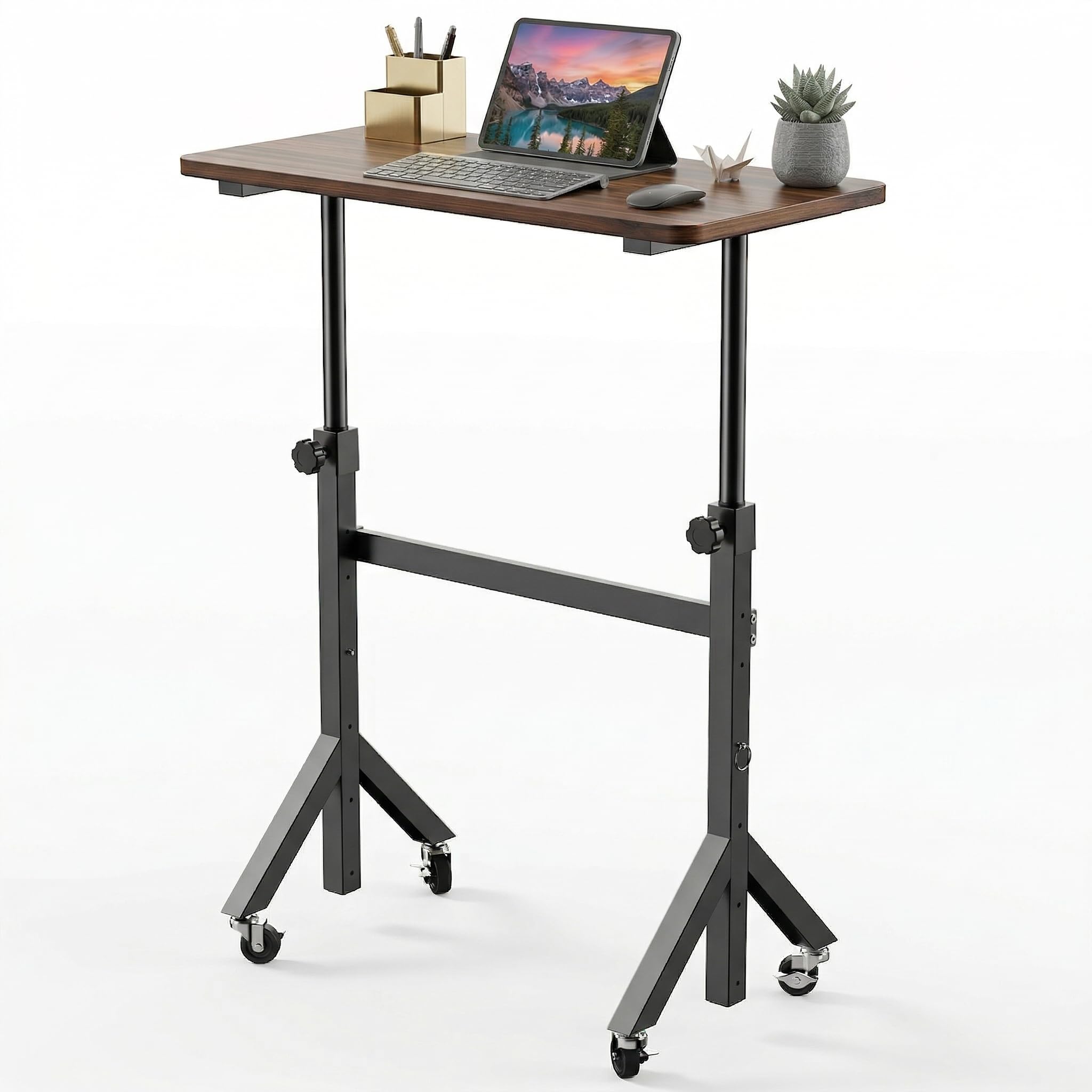 HUANUO 32'' Small Standing Desk Adjustable Heigh, Mobile Stand Up Desk with Wheels, Portable Rolling Desks for Walking Pad and Treadmill, Computer Laptop Desks for Home Office Space,Black - Black Walnut