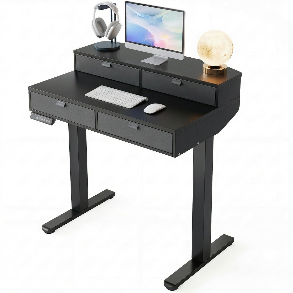 HUANUO 32 X 20 inch Electric Standing Desk with 4 Drawers, Adjustable Height Sit Stand Home Office Desk, C-Clamp Mount Compatible, Ergonomic Stand up Desk with 4 Preset Heights, Walnut - 32*20 Inch