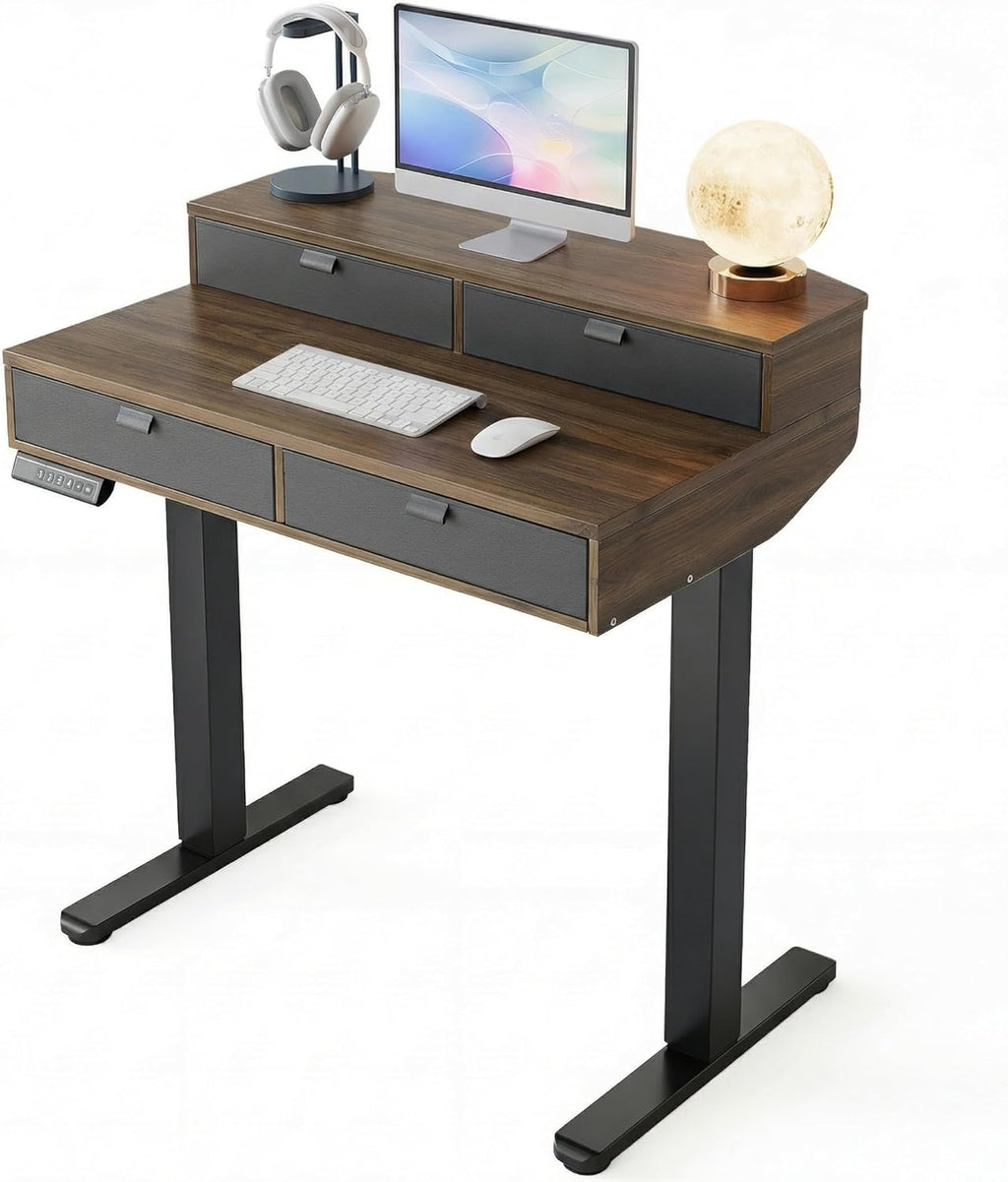 HUANUO 32 X 20 inch Electric Standing Desk with 4 Drawers, Adjustable Height Sit Stand Home Office Desk, C-Clamp Mount Compatible, Ergonomic Stand up Desk with 4 Preset Heights, Walnut - 32*20 Inch