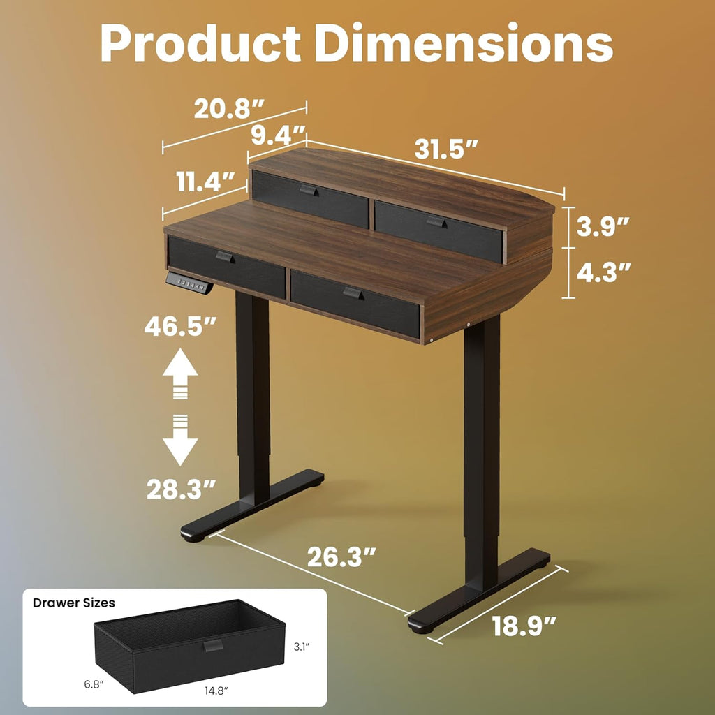 HUANUO 32 X 20 inch Electric Standing Desk with 4 Drawers, Adjustable Height Sit Stand Home Office Desk, C-Clamp Mount Compatible, Ergonomic Stand up Desk with 4 Preset Heights, Walnut - 40*24 Inch