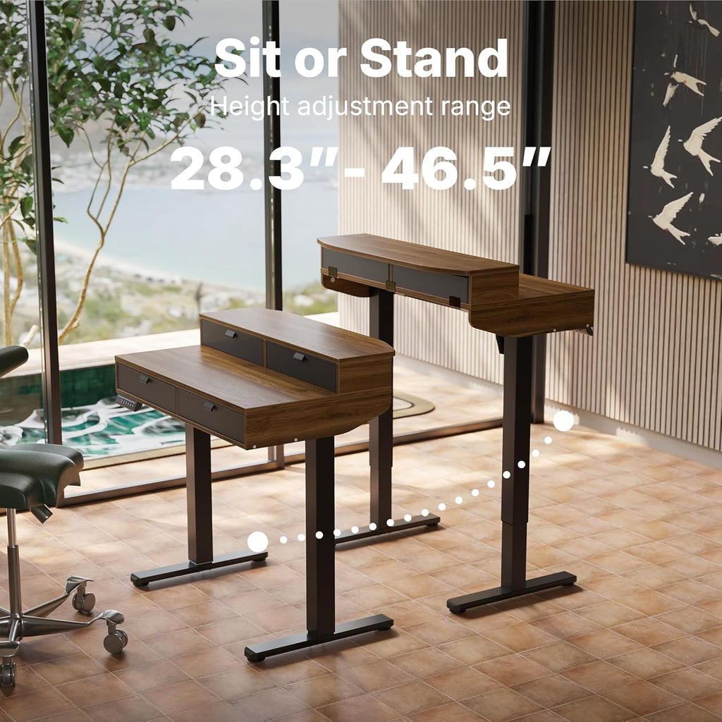 HUANUO 32 X 20 inch Electric Standing Desk with 4 Drawers, Adjustable Height Sit Stand Home Office Desk, C-Clamp Mount Compatible, Ergonomic Stand up Desk with 4 Preset Heights, Walnut - 40*24 Inch