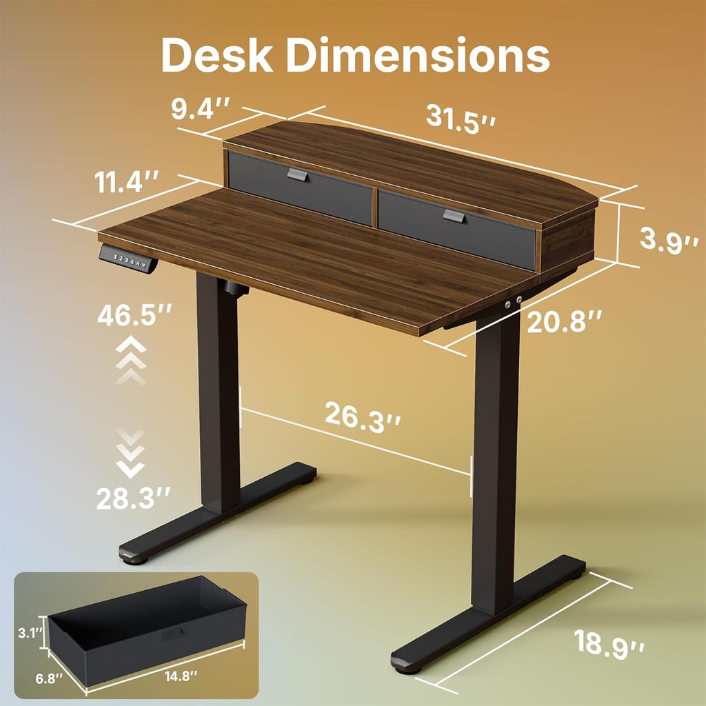HUANUO 32 x 21 inch Small Electric Standing Desk with 2 Drawers, C-Clamp Mount Compatible, Height Adjustable Sit Stand Desk, Home Office Stand Up Desk with 4 Memory Height Settings, Walnut - White