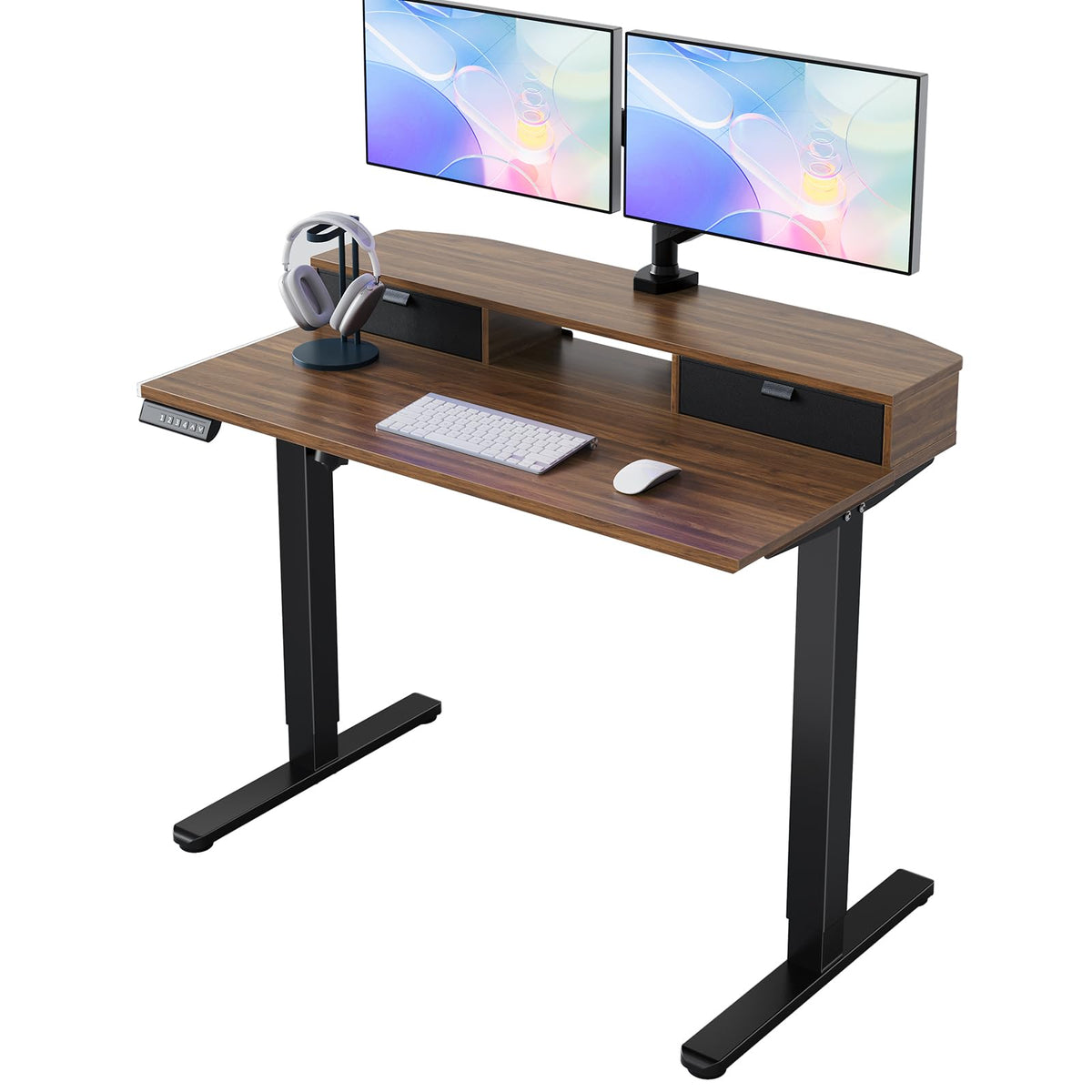 HUANUO 32 x 21 inch Small Electric Standing Desk with 2 Drawers, C-Clamp Mount Compatible, Height Adjustable Sit Stand Desk, Home Office Stand Up Desk with 4 Memory Height Settings, Light Walnut - Walnut