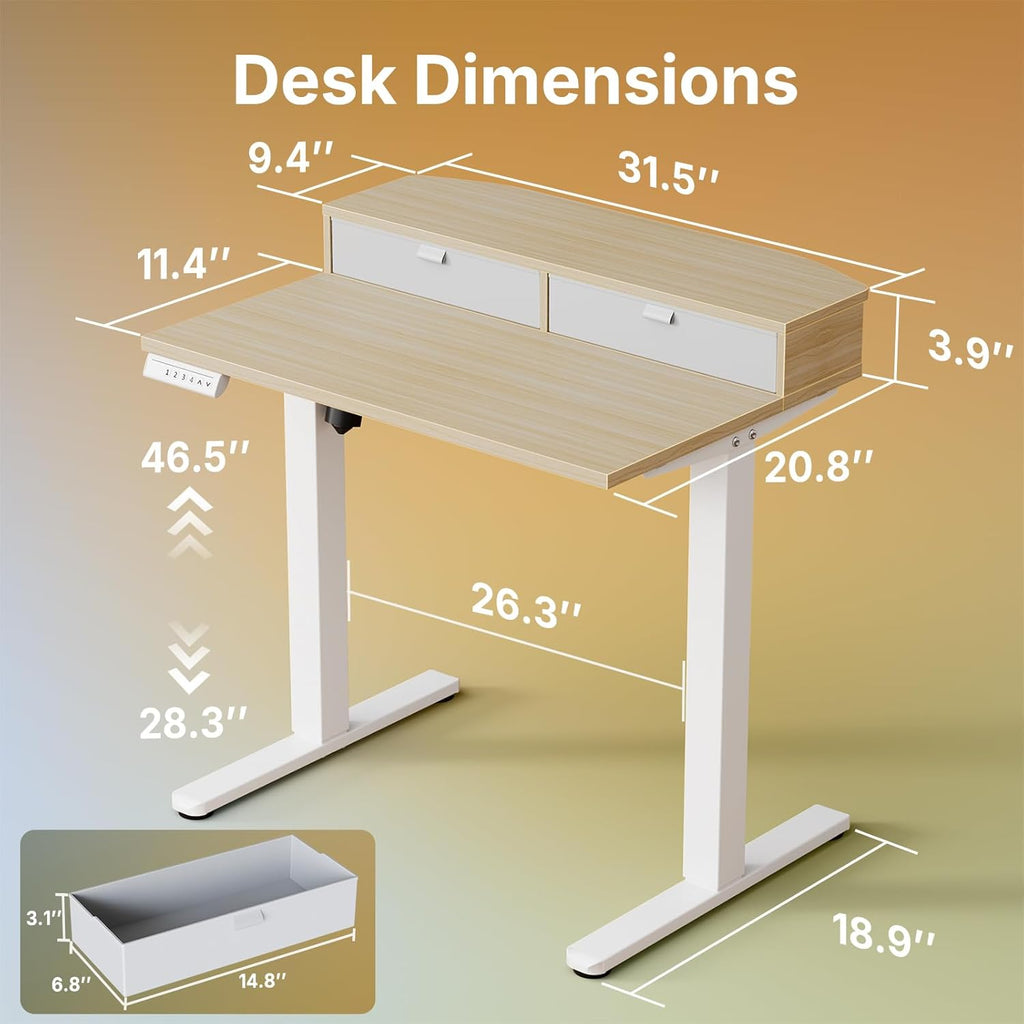 HUANUO 32 x 21 inch Small Electric Standing Desk with 2 Drawers, C-Clamp Mount Compatible, Height Adjustable Sit Stand Desk, Home Office Stand Up Desk with 4 Memory Height Settings, Light Walnut - White