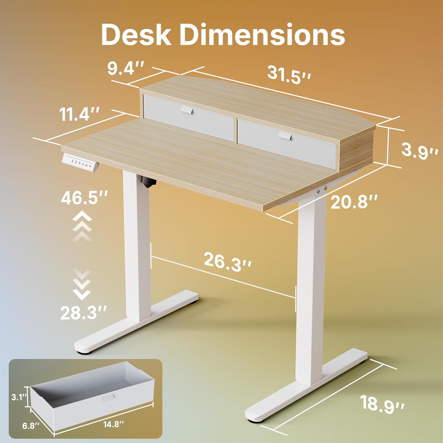 HUANUO 32 x 21 inch Small Electric Standing Desk with 2 Drawers, C-Clamp Mount Compatible, Height Adjustable Sit Stand Desk, Home Office Stand Up Desk with 4 Memory Height Settings, Light Walnut - White