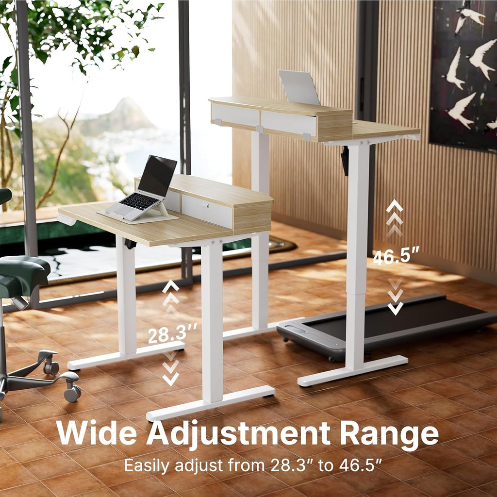HUANUO 32 x 21 inch Small Electric Standing Desk with 2 Drawers, C-Clamp Mount Compatible, Height Adjustable Sit Stand Desk, Home Office Stand Up Desk with 4 Memory Height Settings, Light Walnut - White