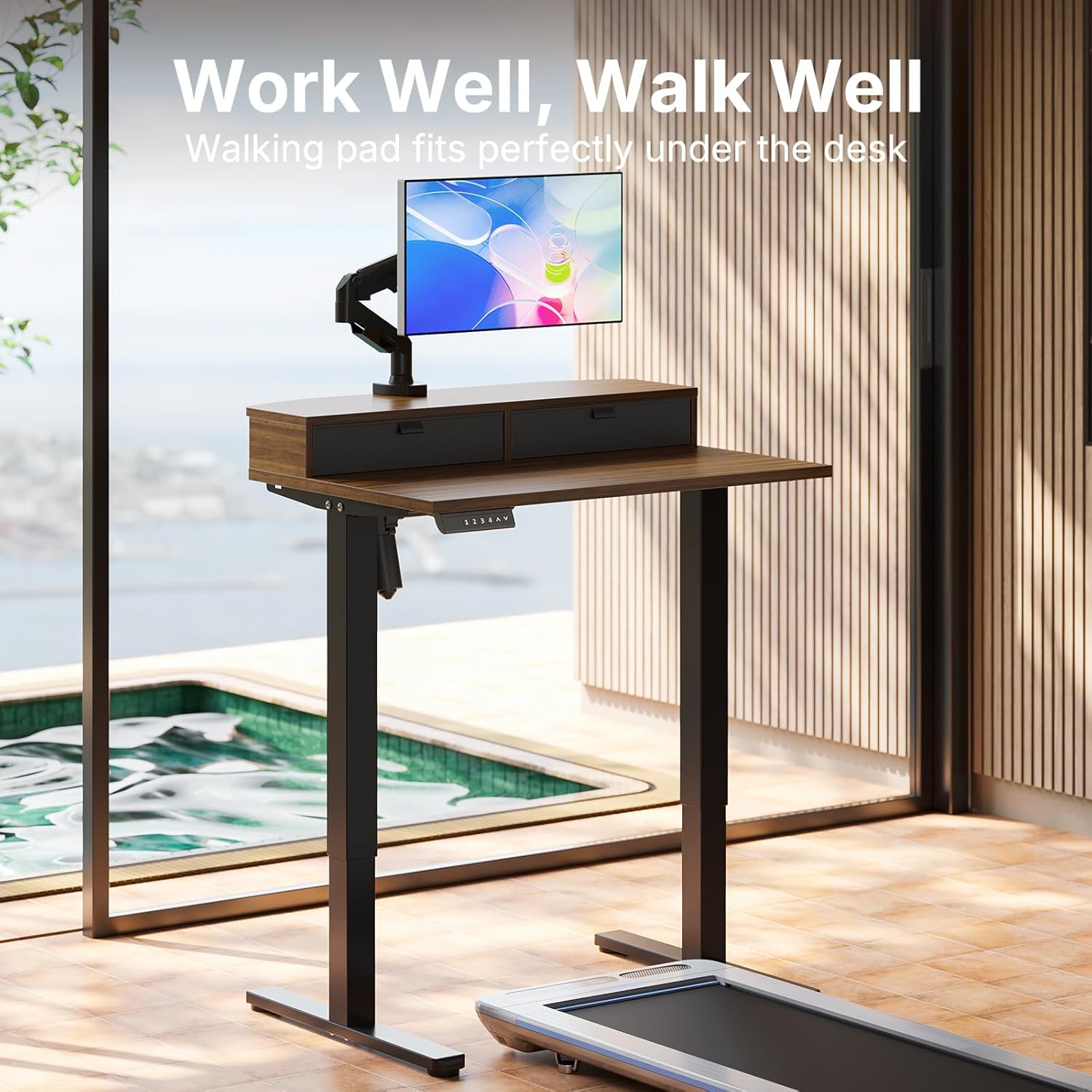 HUANUO 32 x 21 inch Small Electric Standing Desk with 2 Drawers, C-Clamp Mount Compatible, Height Adjustable Sit Stand Desk, Home Office Stand Up Desk with 4 Memory Height Settings, Walnut - White