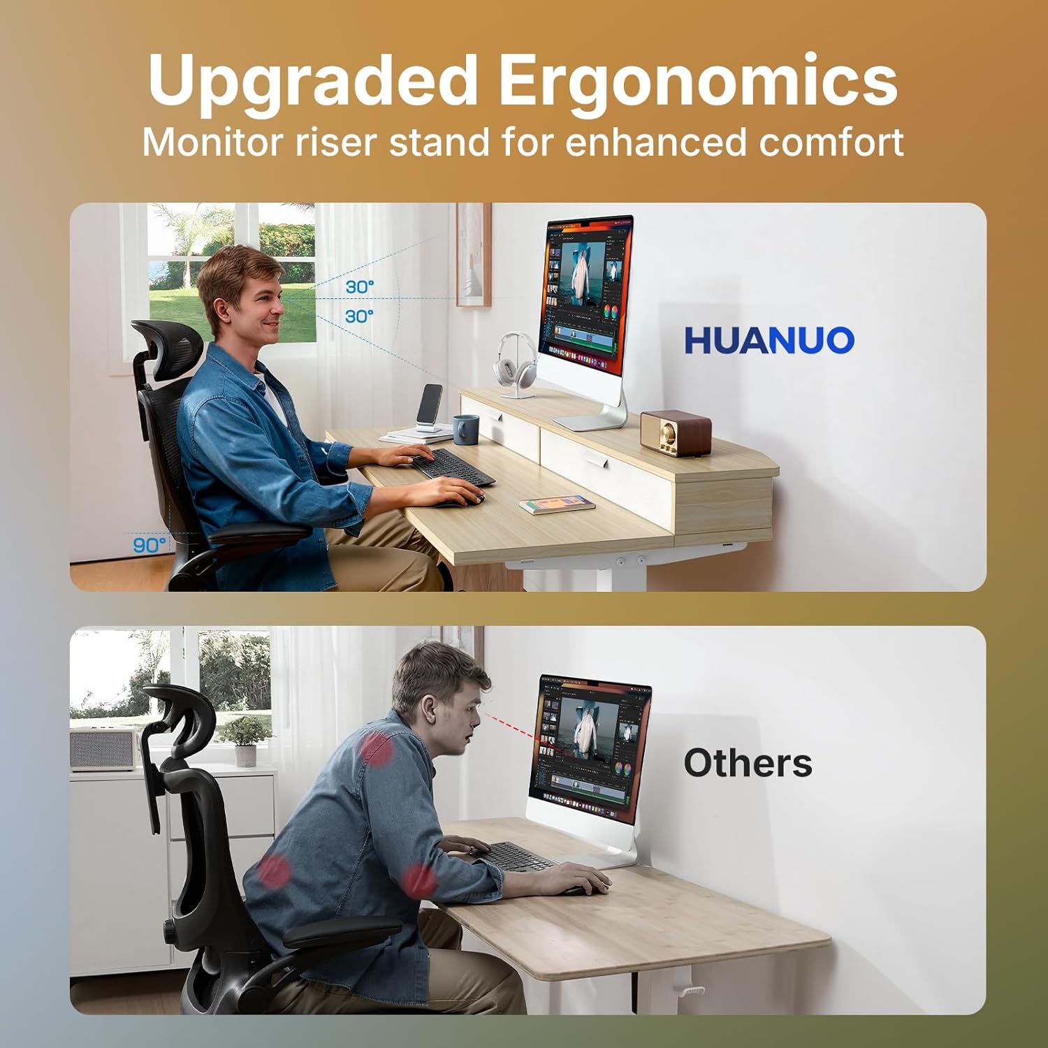 HUANUO 32 x 21 inch Small Electric Standing Desk with 2 Drawers, C-Clamp Mount Compatible, Height Adjustable Sit Stand Desk, Home Office Stand Up Desk with 4 Memory Height Settings, Light Walnut - White