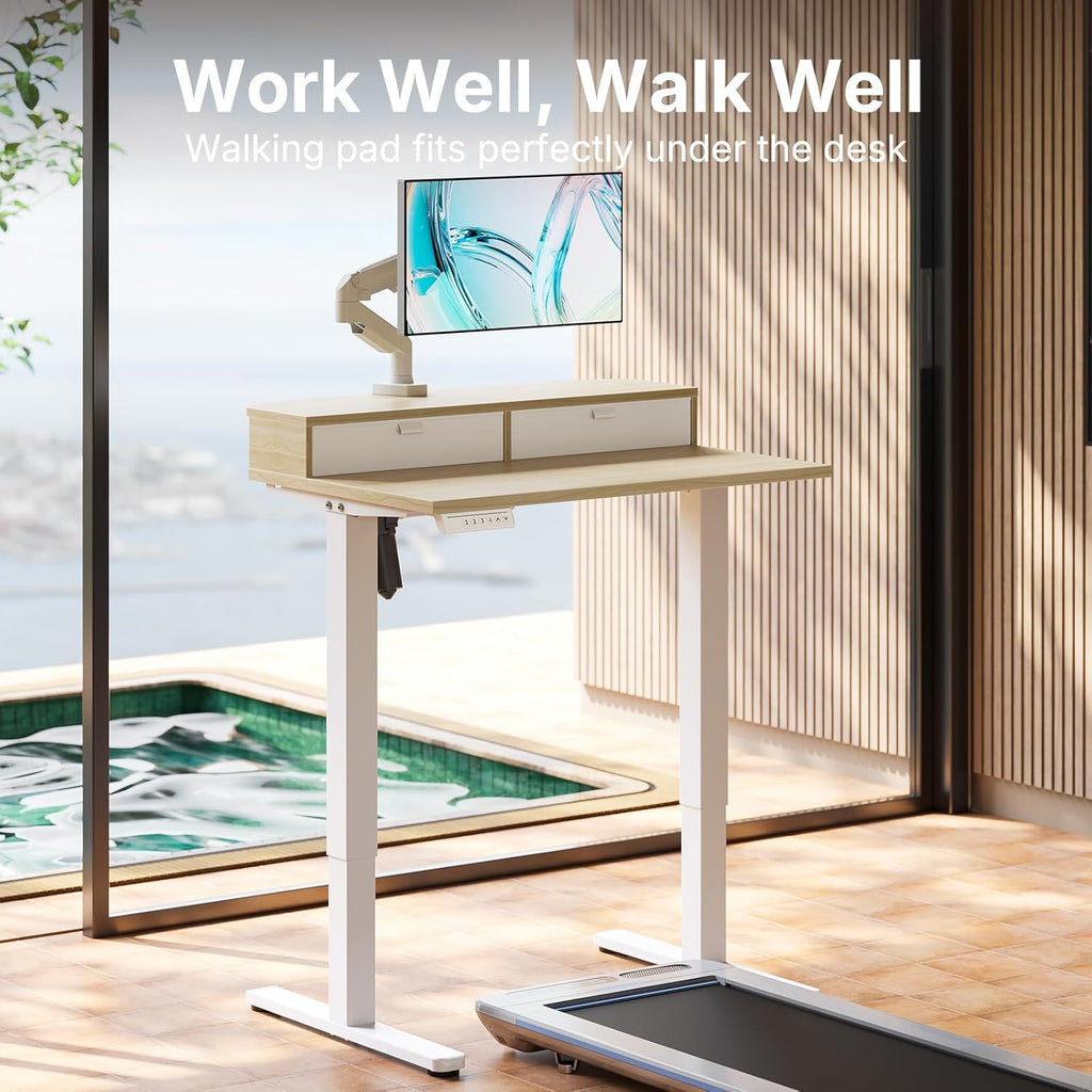 HUANUO 32 x 21 inch Small Electric Standing Desk with 2 Drawers, C-Clamp Mount Compatible, Height Adjustable Sit Stand Desk, Home Office Stand Up Desk with 4 Memory Height Settings, Light Walnut - White