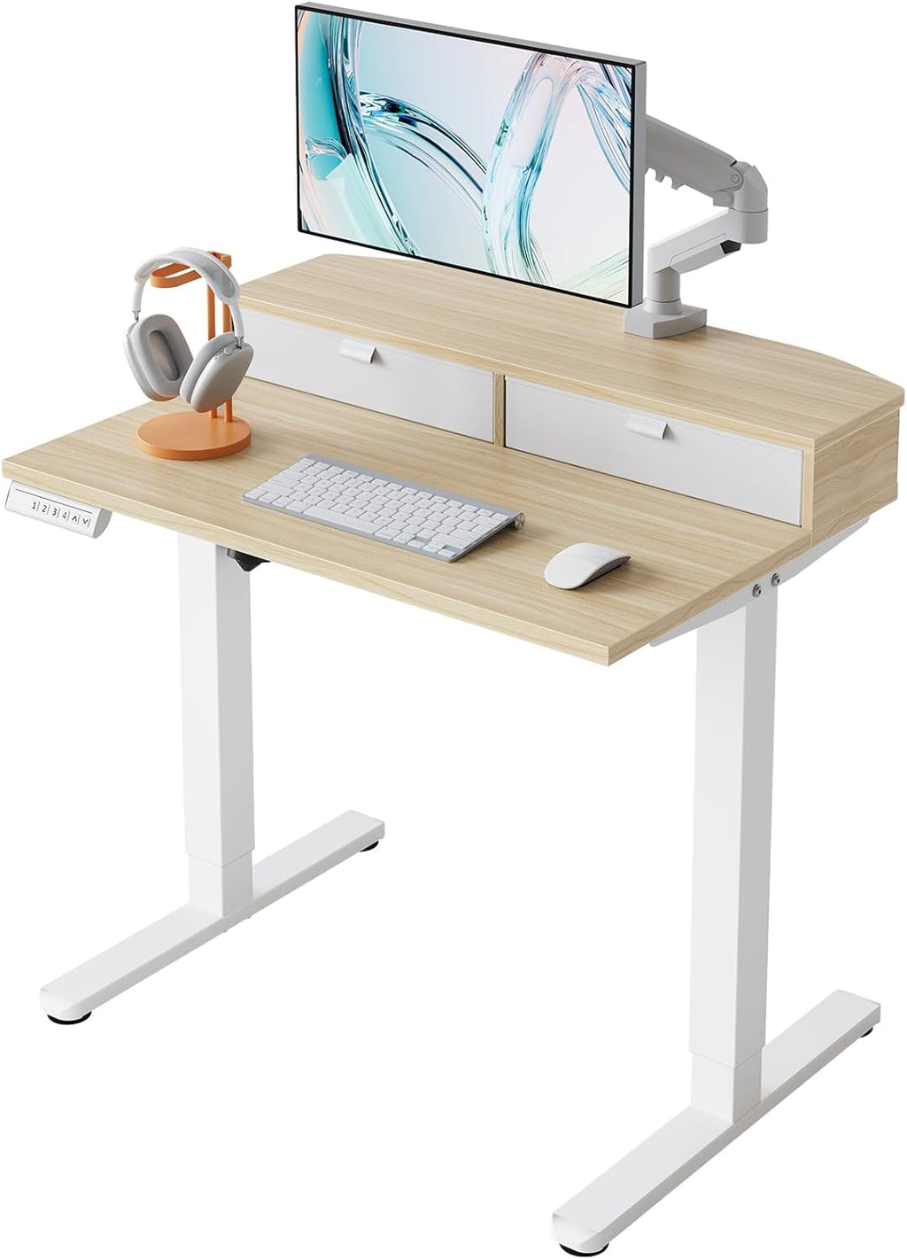 HUANUO 32 x 21 inch Small Electric Standing Desk with 2 Drawers, C-Clamp Mount Compatible, Height Adjustable Sit Stand Desk, Home Office Stand Up Desk with 4 Memory Height Settings, Light Walnut - White