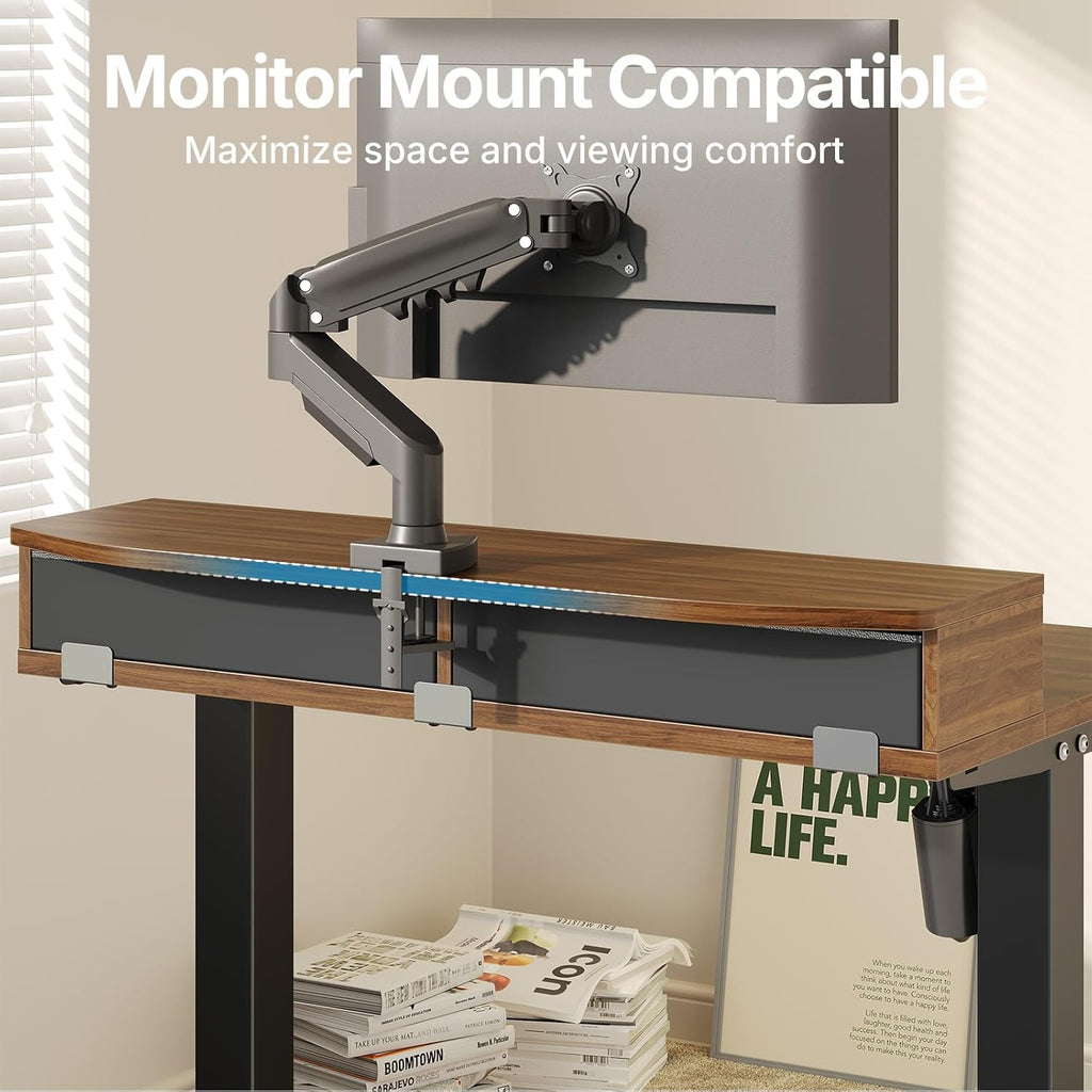 HUANUO 32 x 21 inch Small Electric Standing Desk with 2 Drawers, C-Clamp Mount Compatible, Height Adjustable Sit Stand Desk, Home Office Stand Up Desk with 4 Memory Height Settings, Walnut - White
