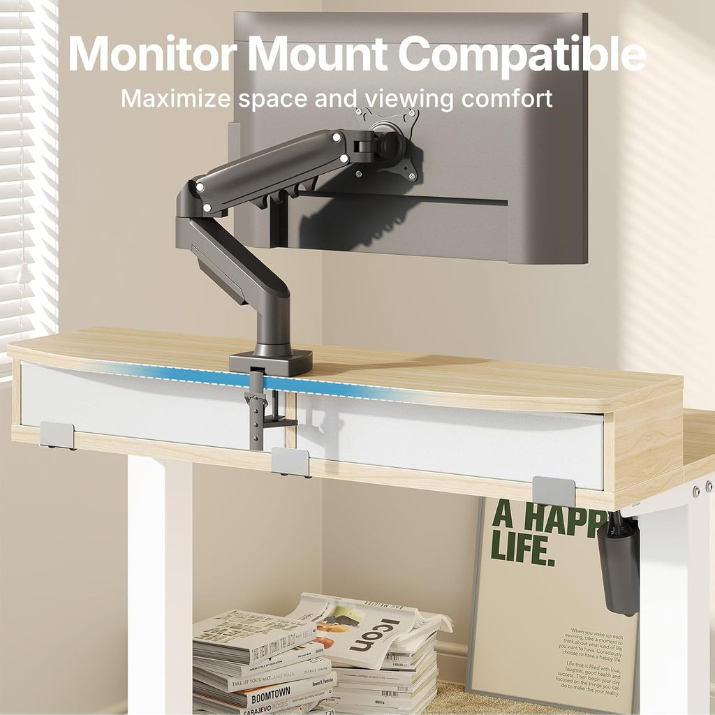 HUANUO 32 x 21 inch Small Electric Standing Desk with 2 Drawers, C-Clamp Mount Compatible, Height Adjustable Sit Stand Desk, Home Office Stand Up Desk with 4 Memory Height Settings, Light Walnut - White