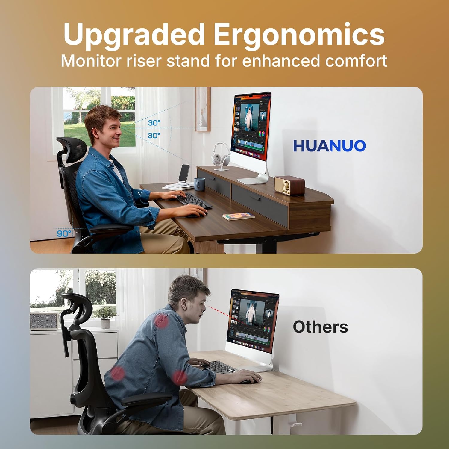 HUANUO 32 x 21 inch Small Electric Standing Desk with 2 Drawers, C-Clamp Mount Compatible, Height Adjustable Sit Stand Desk, Home Office Stand Up Desk with 4 Memory Height Settings, Walnut - White