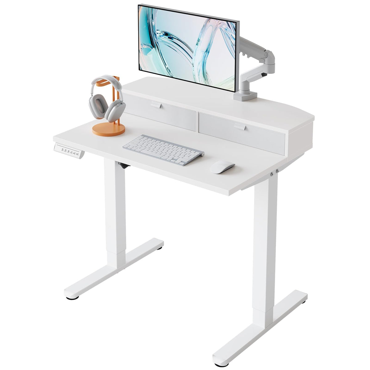 HUANUO 32 x 21 inch Small Electric Standing Desk with 2 Drawers, C-Clamp Mount Compatible, Height Adjustable Sit Stand Desk, Home Office Stand Up Desk with 4 Memory Height Settings, Light Walnut - White