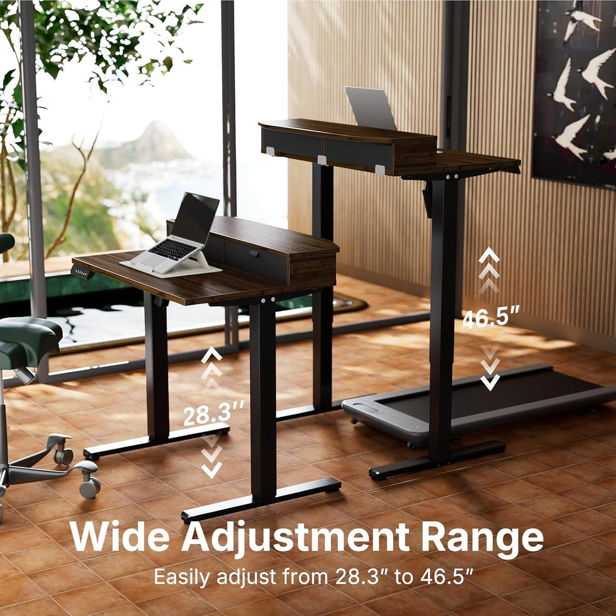 HUANUO 32 x 21 inch Small Electric Standing Desk with 2 Drawers, C-Clamp Mount Compatible, Height Adjustable Sit Stand Desk, Home Office Stand Up Desk with 4 Memory Height Settings, Walnut - White