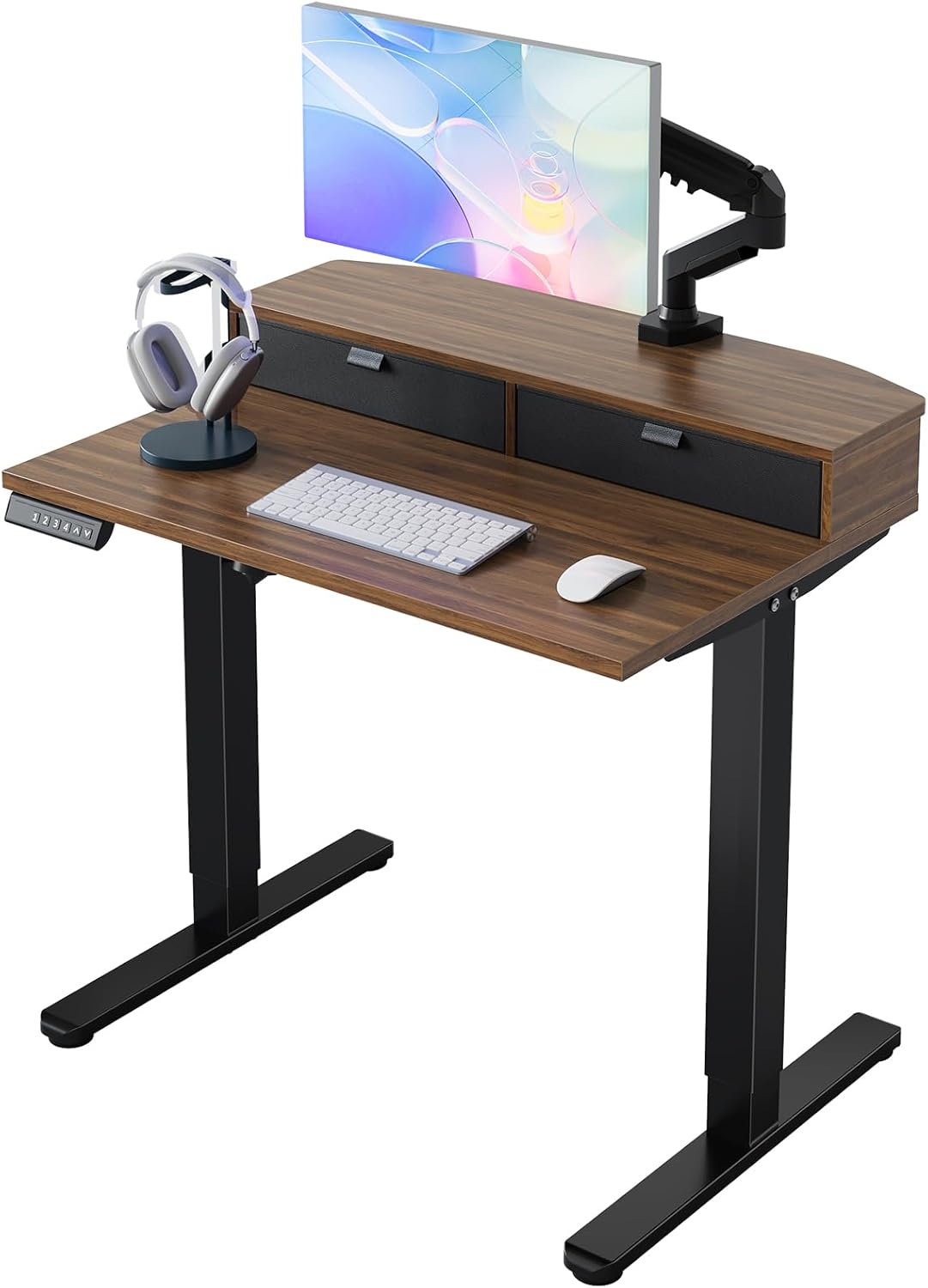 HUANUO 32 x 21 inch Small Electric Standing Desk with 2 Drawers, C-Clamp Mount Compatible, Height Adjustable Sit Stand Desk, Home Office Stand Up Desk with 4 Memory Height Settings, Walnut - White