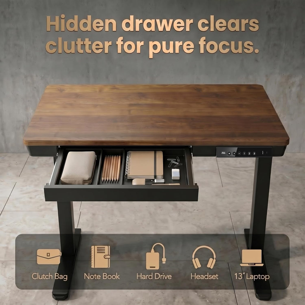 HUANUO 35 X 20 Inch Standing Desk with Drawers, Electric Adjustable Height Desk, Quick Install One - Piece Tabletop with USB Charging Ports, Sit to Stand Up Desk for Home Office, Black Walnut - 